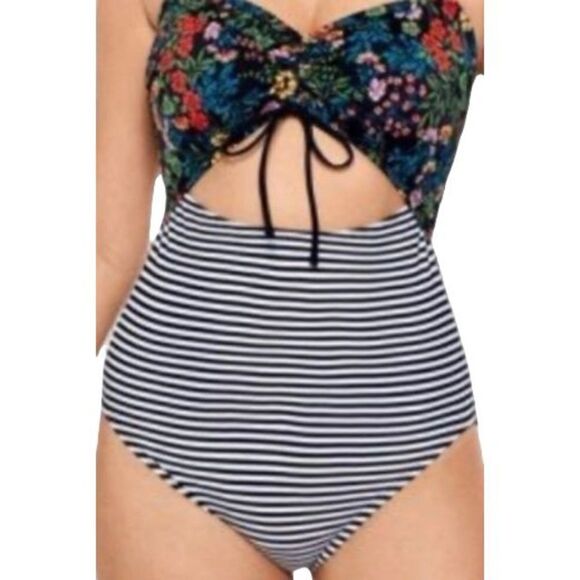Floral & Stripes Bandeau One Piece Swimsuit 1X - Picture 1 of 7